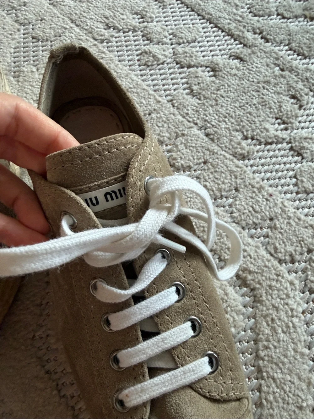 Miu Miu Taupe Suede Lace-Up Sneakers with White Laces